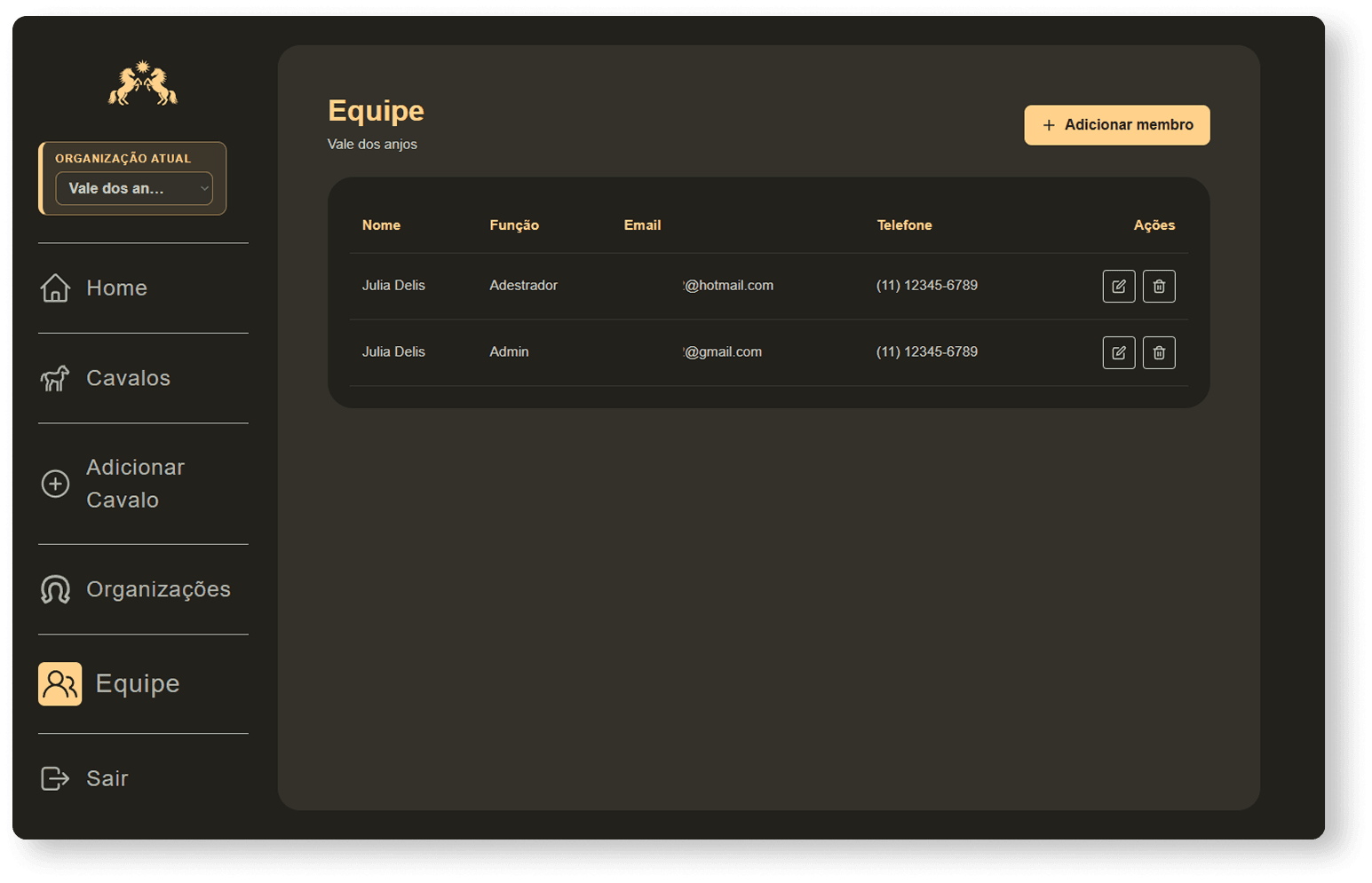 Team management screen